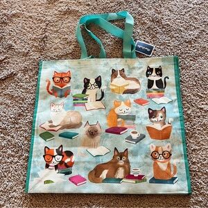 NEW Marshall’s Shopping ReusableBag Large Cats Reading Books Design Teal Brown